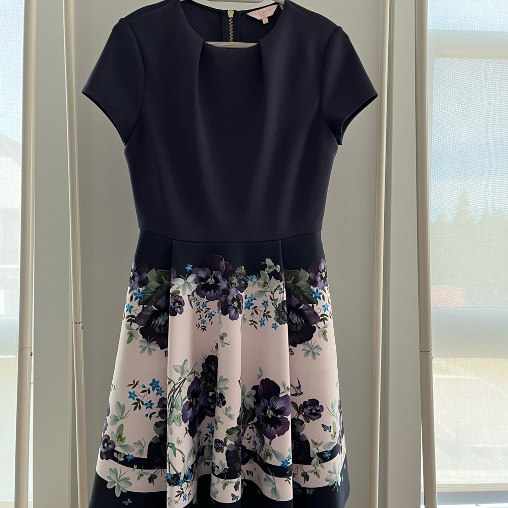 Ted Baker Blue and Off-White Fit and Flare Dress